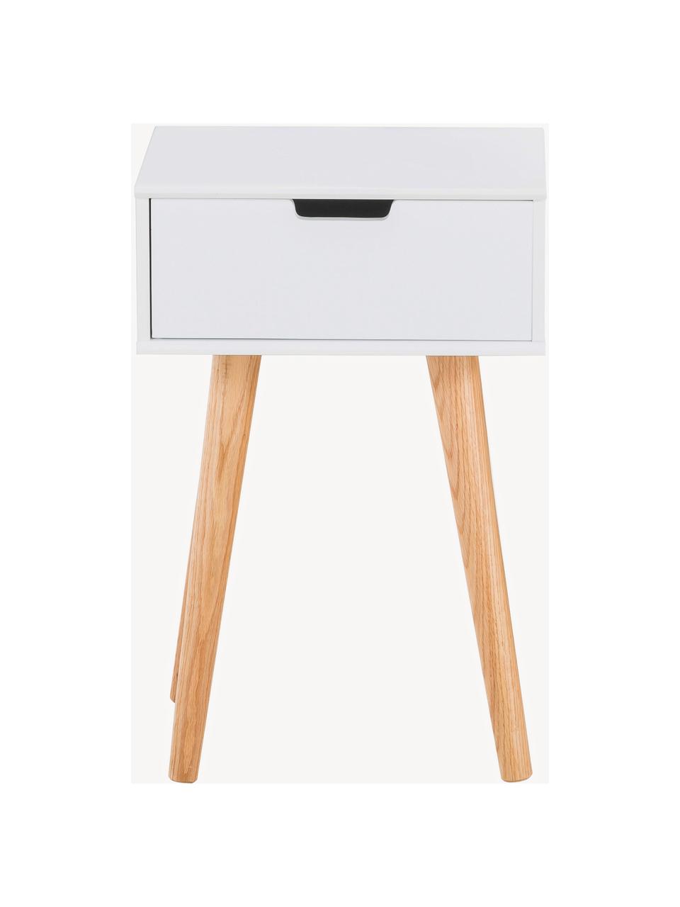 Comodino con cassetto Mitra, Gambe: legno di quercia, Bianco, legno di quercia, Larg. 40 x Alt. 62 cm