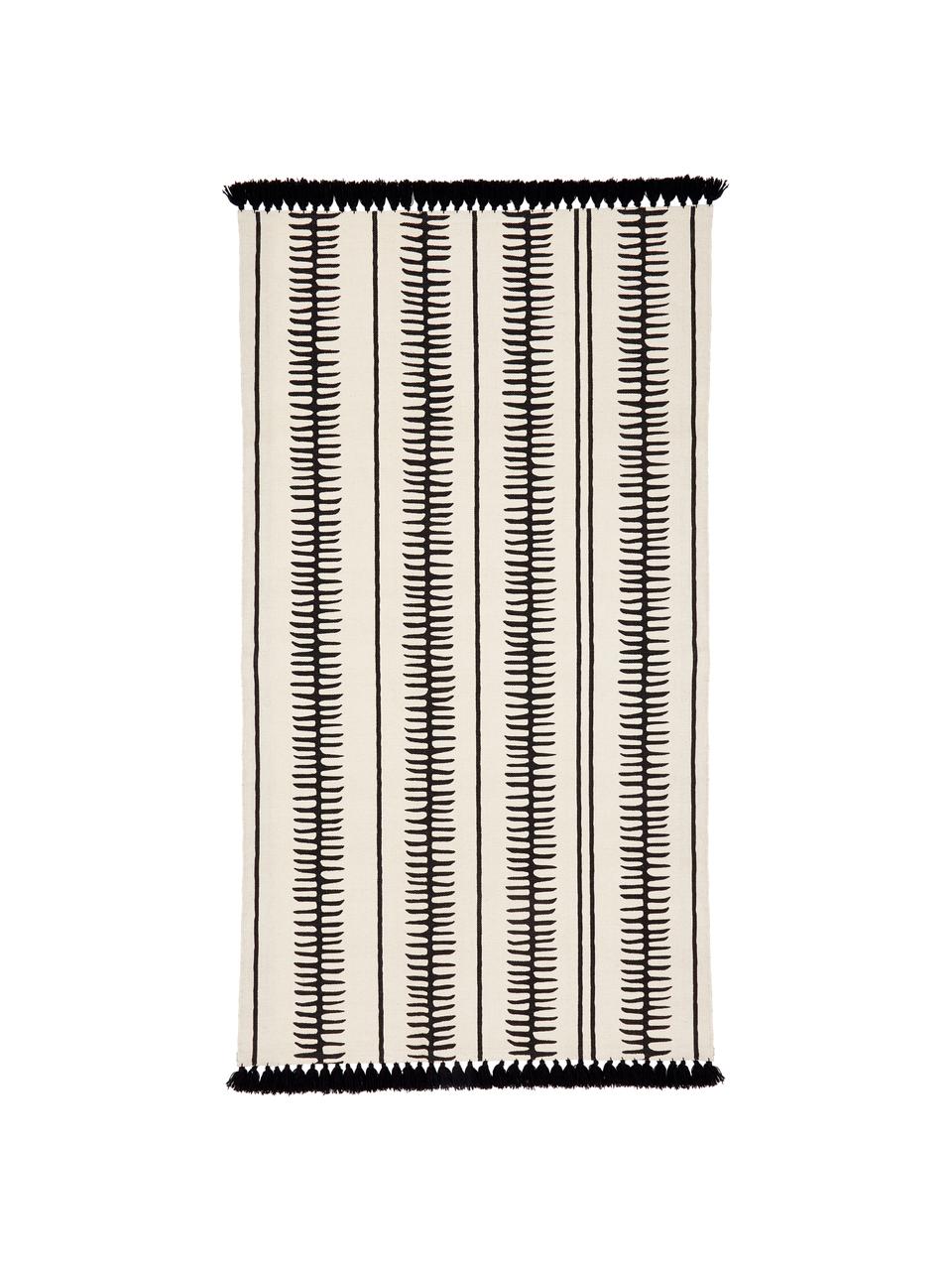 Alfombra artesanal de algodón con borlas Rita, Beige, negro, An 70 x L 140 cm (Tamaño XS)