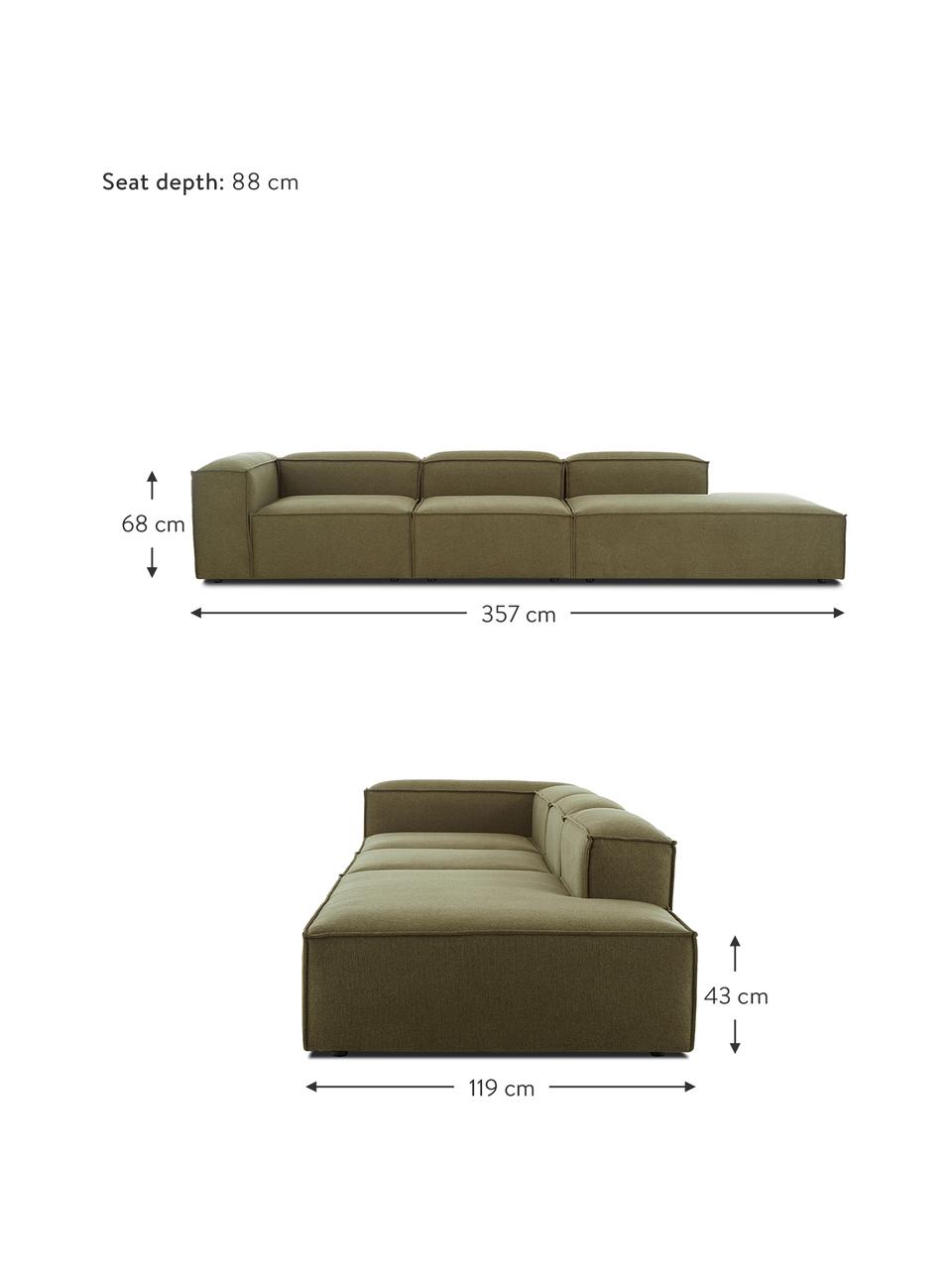 Méridienne modulable XL Lennon, Tissu vert, larg. 357 x prof. 119 cm, dossier à droite