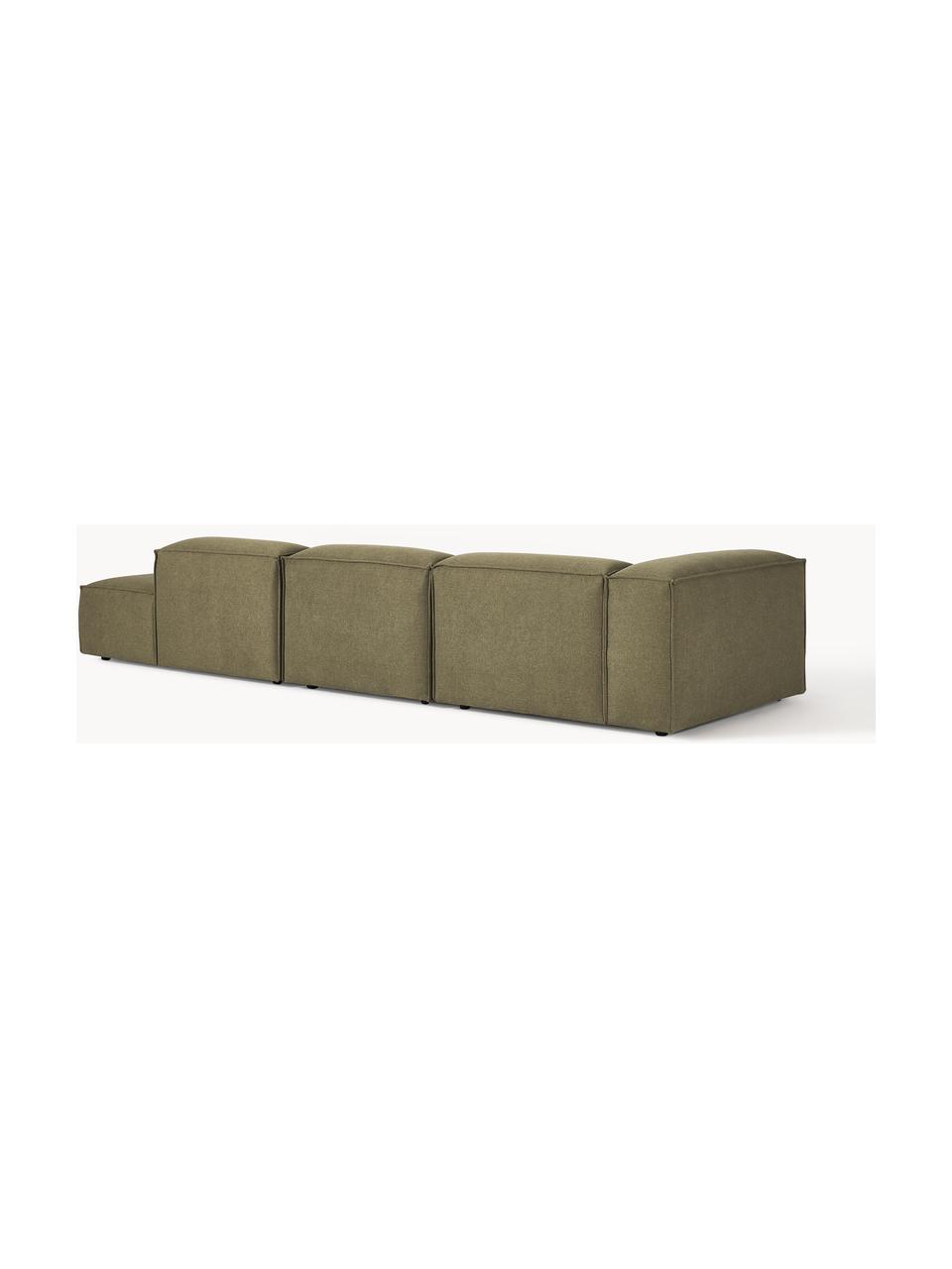 Chaise longue XL componibile Lennon, Rivestimento: 100% poliestere Con 115.0, Struttura: legno di pino massiccio, , Piedini: plastica Questo prodotto , Tessuto verde oliva, Larg. 357 x Prof. 119 cm, schienale a destra