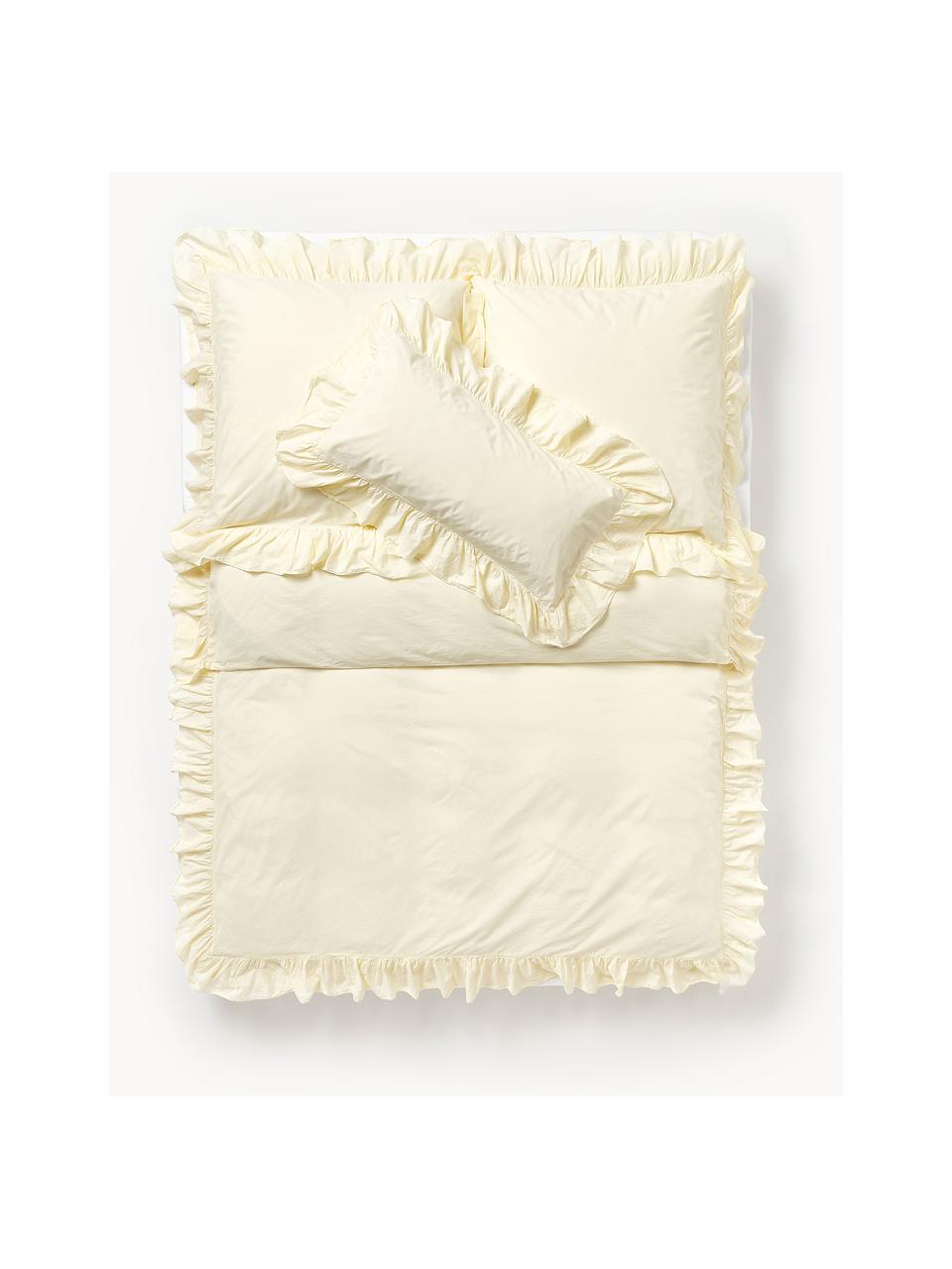 Funda nórdica de algodón lavado con volantes Louane, 100% algodón
Densidad de hilo 200 TC, calidad confort

El algodón da una sensación agradable y suave en la piel, absorbe bien la humedad y es adecuado para personas alérgicas.

Este tejido a sido sometido a un proceso de lavado especial que le da un aspecto Stonewash irregular y resistente, pero siendo suave al tacto, flexible y cómodo. Además, su aspecto arrugado natural hace que no necesite planchado.

El material utilizado en este producto ha sido probado contra sustancias nocivas y está certificado según STANDARD 100 por OEKO-TEX®, 4265CIT, CITEVE., Amarillo, Cama 90 cm (155 x 220 cm)