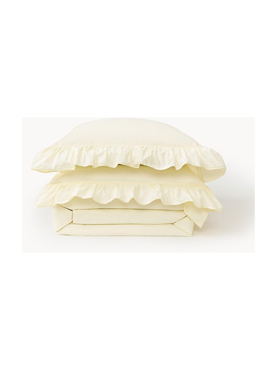 Copripiumino in cotone percalle lavato con volant Louane, Giallo chiaro, Larg. 200 x Lung. 200 cm