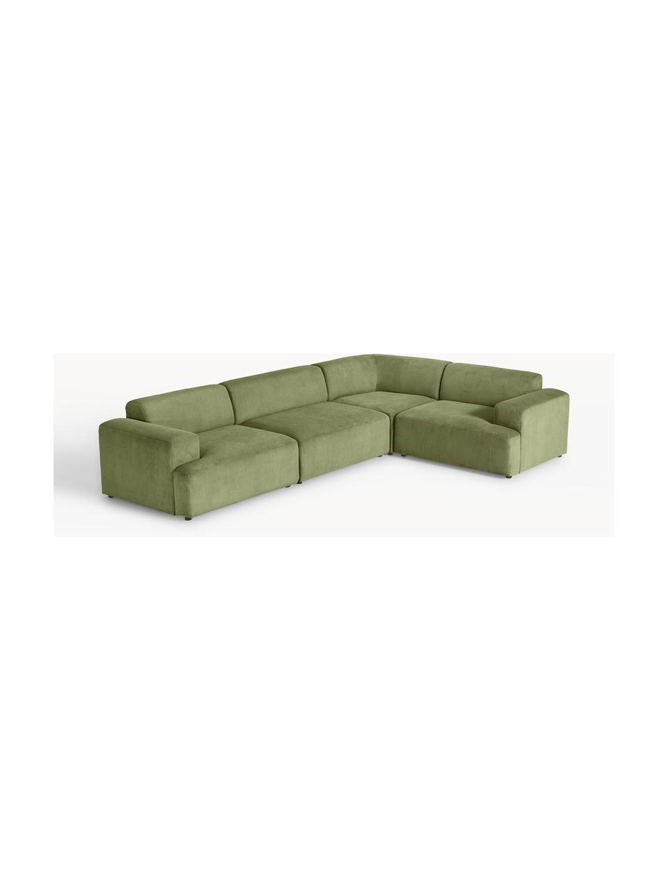 Großes Ecksofa Melva (4-Sitzer) aus Cord, Bezug: Cord (92 % Polyester, 8 %, Gestell: Massives Kiefernholz, Spe, Füße: Kunststoff Dieses Produkt, Cord Olivgrün, B 339 x T 220 cm, Eckteil links