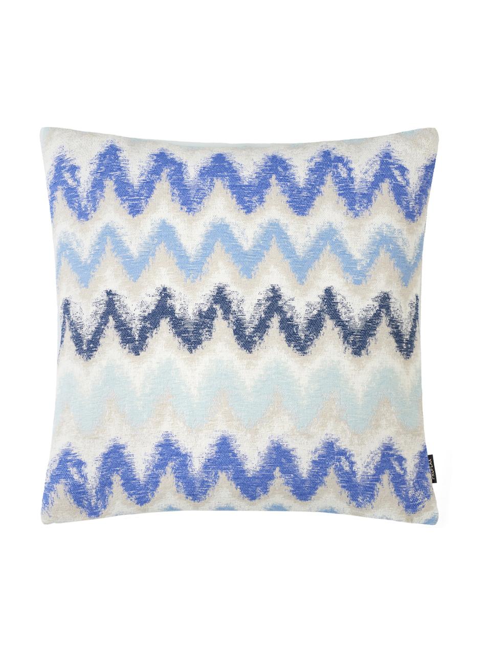 Kussenhoes Pari met zigzag patroon, Polyester, Lichtbeige, blauwtinten, 45 x 45 cm