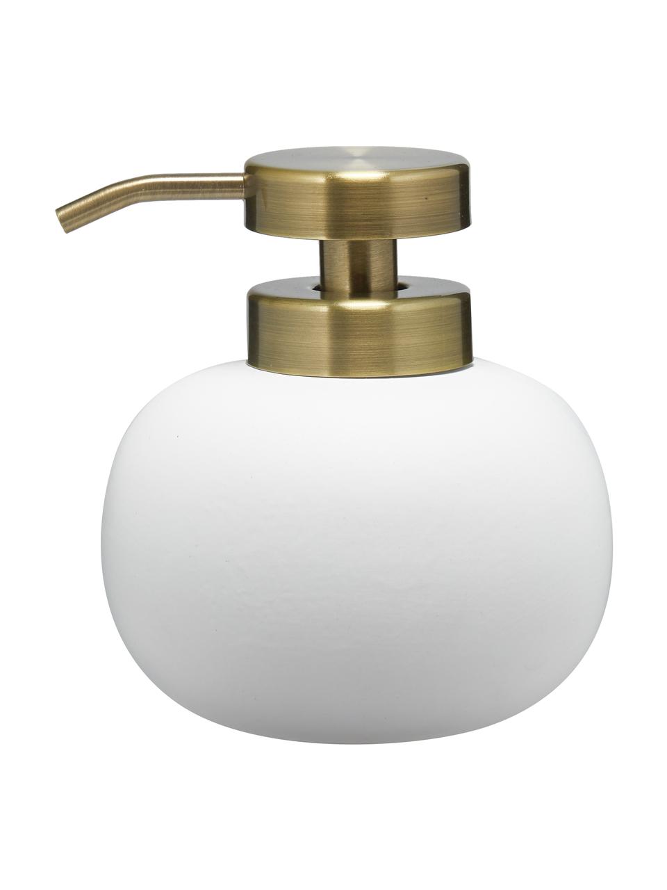 Dispender sapone Lotus, Contenitore: ceramica, Testa della pompa: metallo, rivestito, Bianco, ottone, Ø 11 x A 13 cm