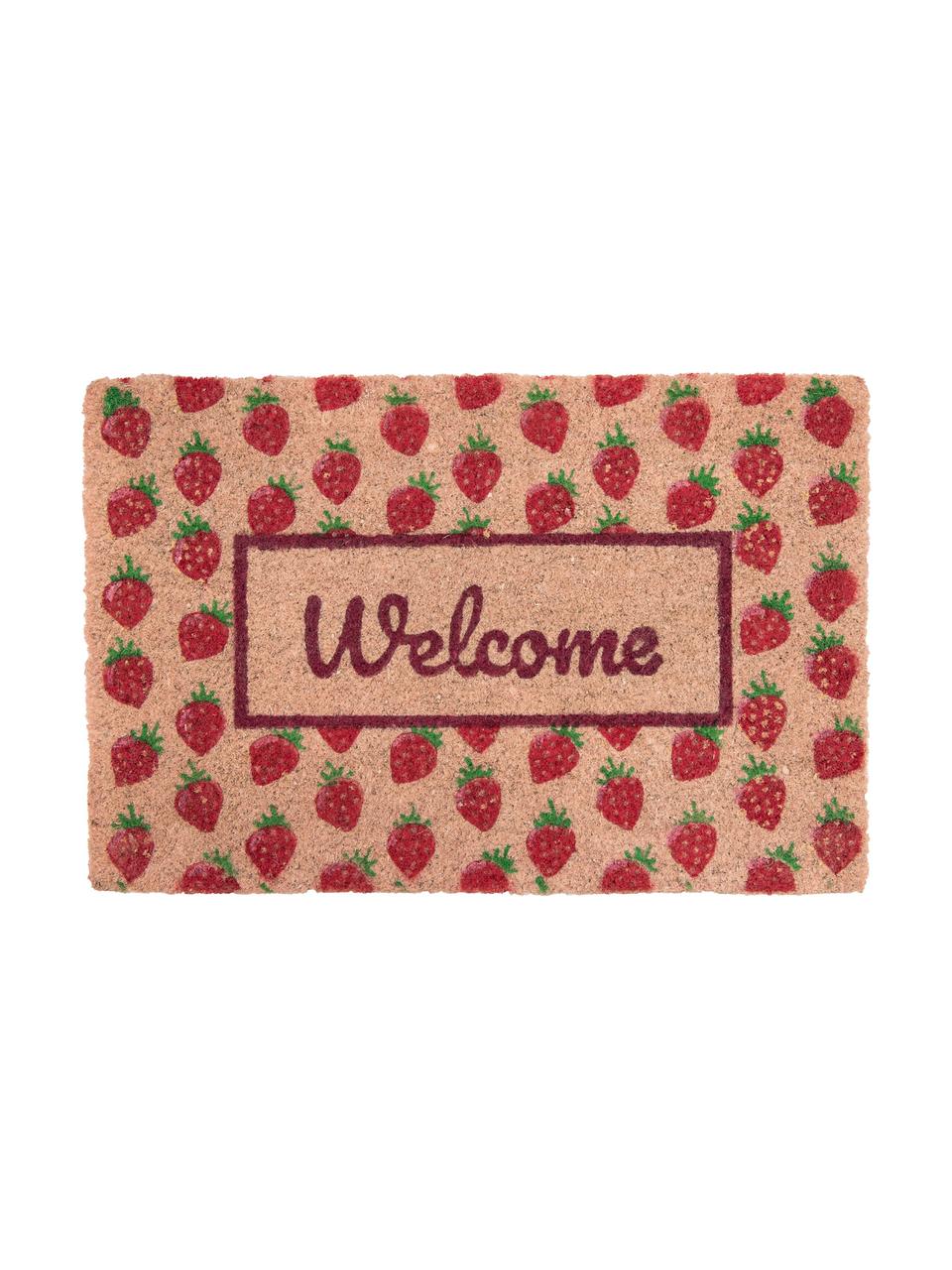Fußmatte Welcome mit Erdbeeren, Oberseite: Kokosfaser, Unterseite: PVC, Rosa, Rot, Grün, 40 x 60 cm