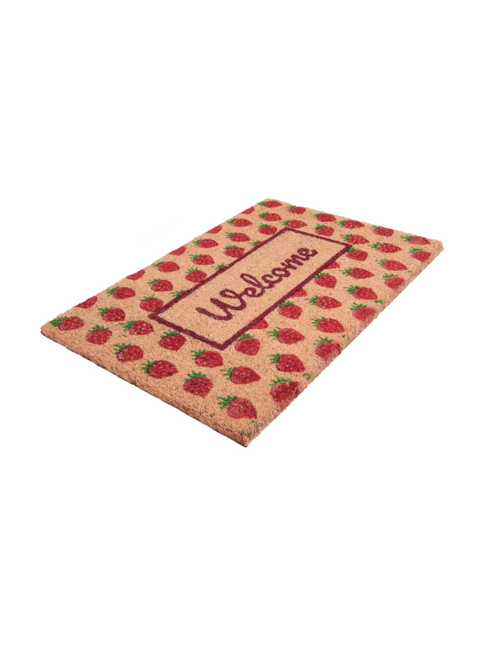 Fußmatte Welcome mit Erdbeeren, Oberseite: Kokosfaser, Unterseite: PVC, Rosa, Rot, Grün, 40 x 60 cm