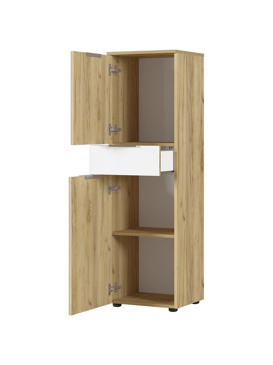 Bad-Hochschrank Ricky, B 39 cm, Korpus: Spanplatte mit Melaminhar, Front: Glas, Spanplatte, melamin, Griffe: Metall, eloxiert, Füße: Plastik, Weiß, Eichenholz-Optik, B 39 x H 130 cm