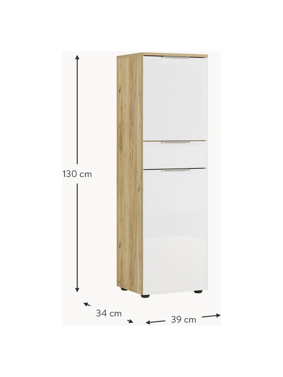 Bad-Hochschrank Ricky, B 39 cm, Korpus: Spanplatte mit Melaminhar, Front: Glas, Spanplatte, melamin, Griffe: Metall, eloxiert, Füße: Kunststoff, Weiß, Eichenholz-Optik, B 39 x H 130 cm