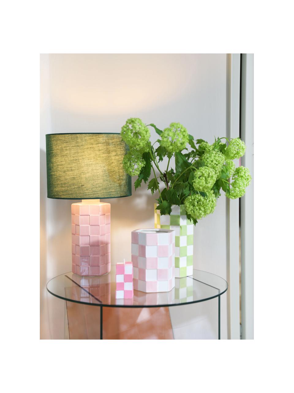 Lampe à poser en grès Check, Vert foncé, rose pâle, Ø 25 x haut. 42 cm