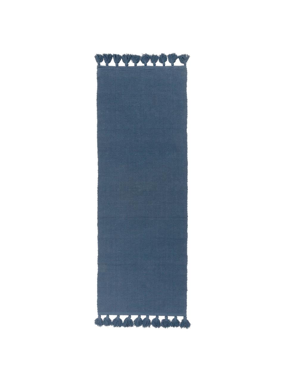 Passatoia in cotone con nappe Homer, Cotone, Blu indaco, Larg. 70 x Lung. 216 cm