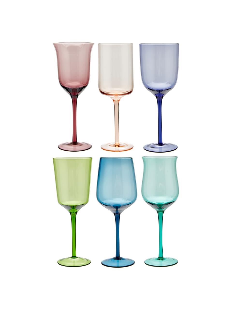 Mundgeblasene Weingläser Diseguale in unterschiedlichen Farben und Formen, 6 Stück, Glas, mundgeblasen, Mehrfarbig, Ø 7 x H 24 cm, 250 ml