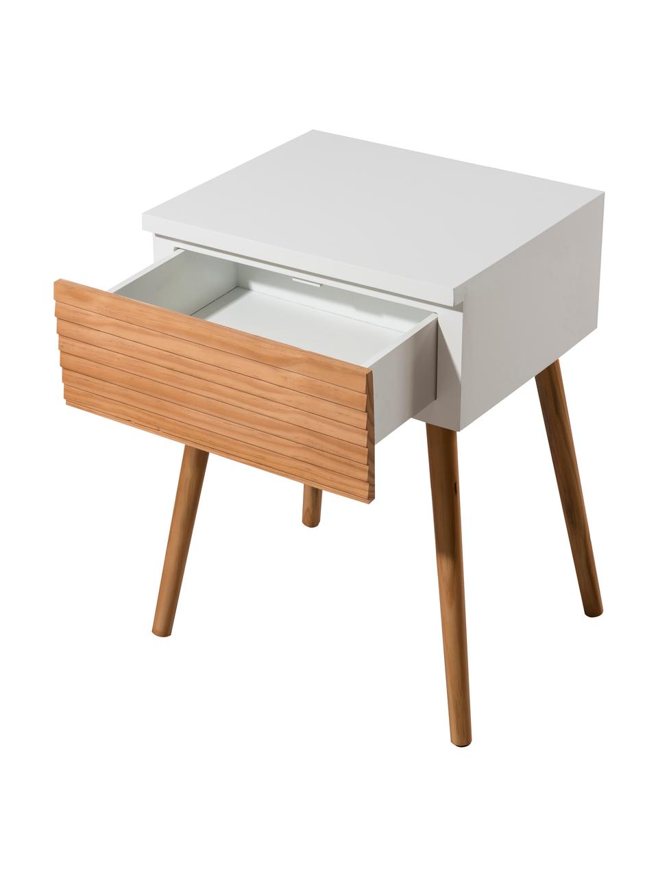 Comodino scandi con cassetto Pedro, Bianco, legno di pino, Larg. 40 x Alt. 56 cm