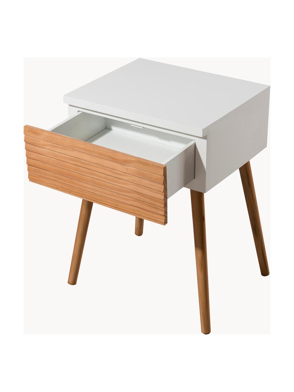 Comodino scandi con cassetto Pedro, Bianco, legno di pino, Larg. 40 x Alt. 56 cm