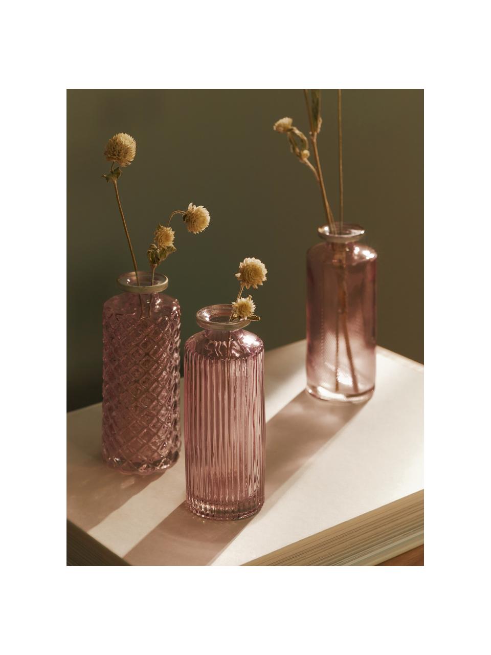 Set de jarrones pequeños de vidrio Adore, 3 uds., Vidrio tintado, Rosa, Ø 5 x Al 13 cm
