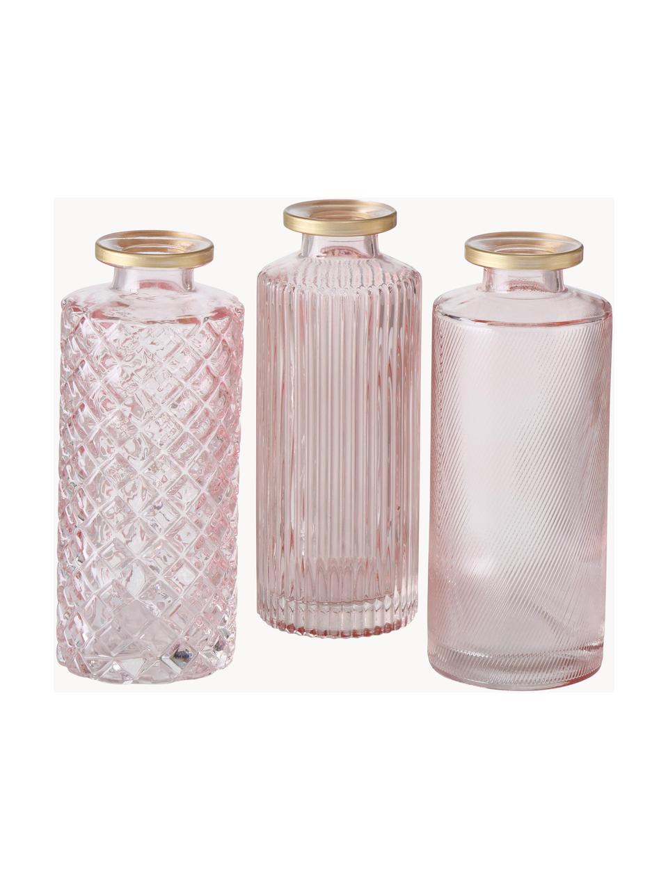 Petits vases en verre Adore, 3 élém., Verre, coloré, Rose pâle, transparent, argenté, Ø 5 x haut. 13 cm