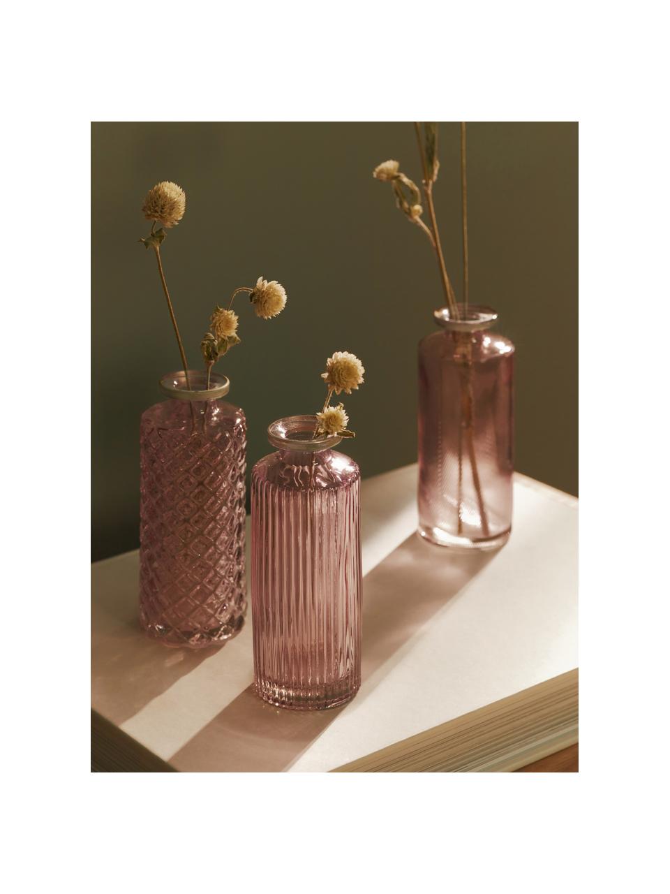 Set de jarrones pequeños de vidrio Adore, 3 uds., Vidrio tintado, Rosa claro transparente, plateado, Ø 5 x Al 13 cm