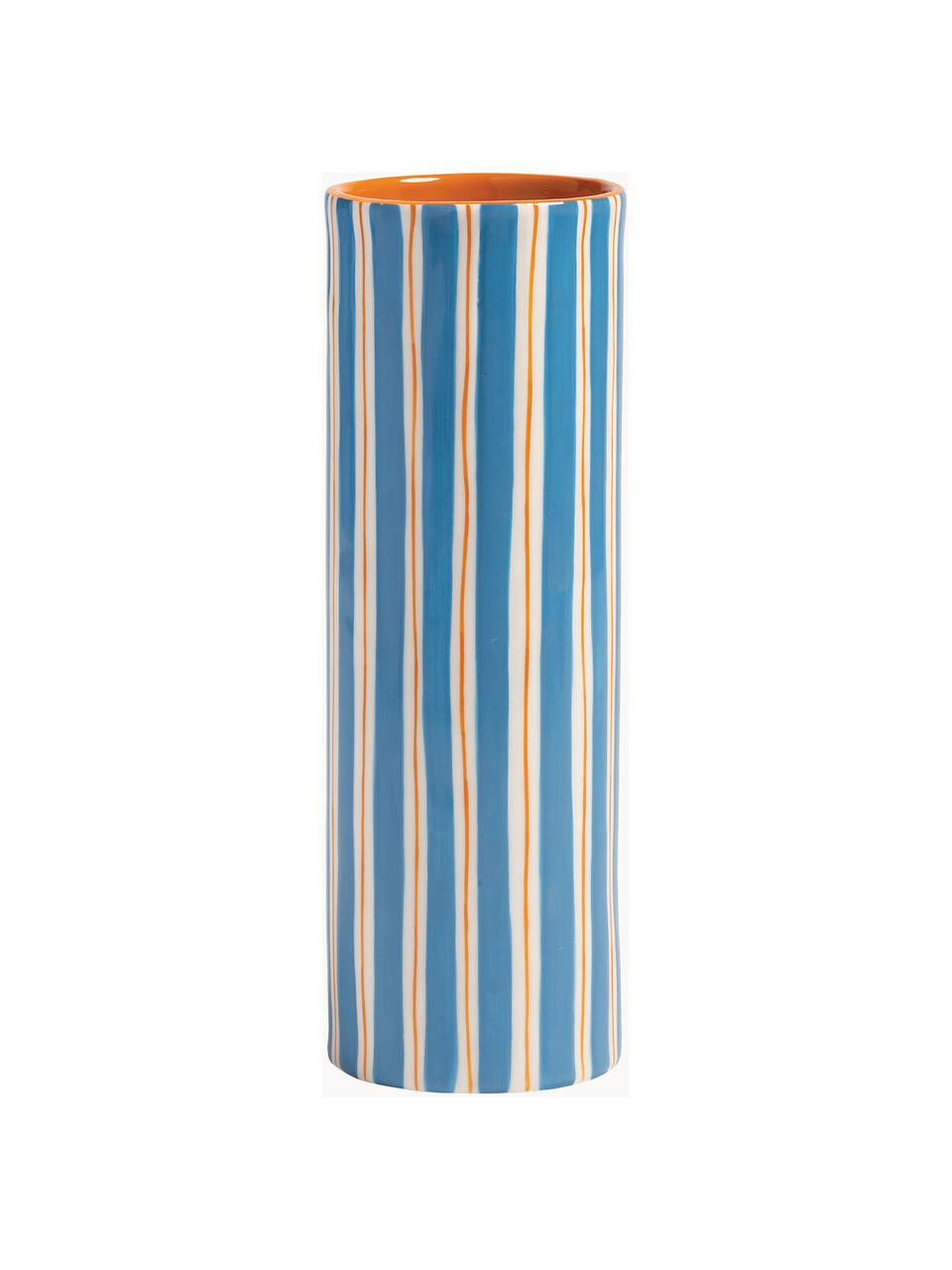 Handbemalte Vase Ray aus Porzellan, H 24 cm, Porzellan, Blau, Off White, Orange, Ø 8 x H 24 cm