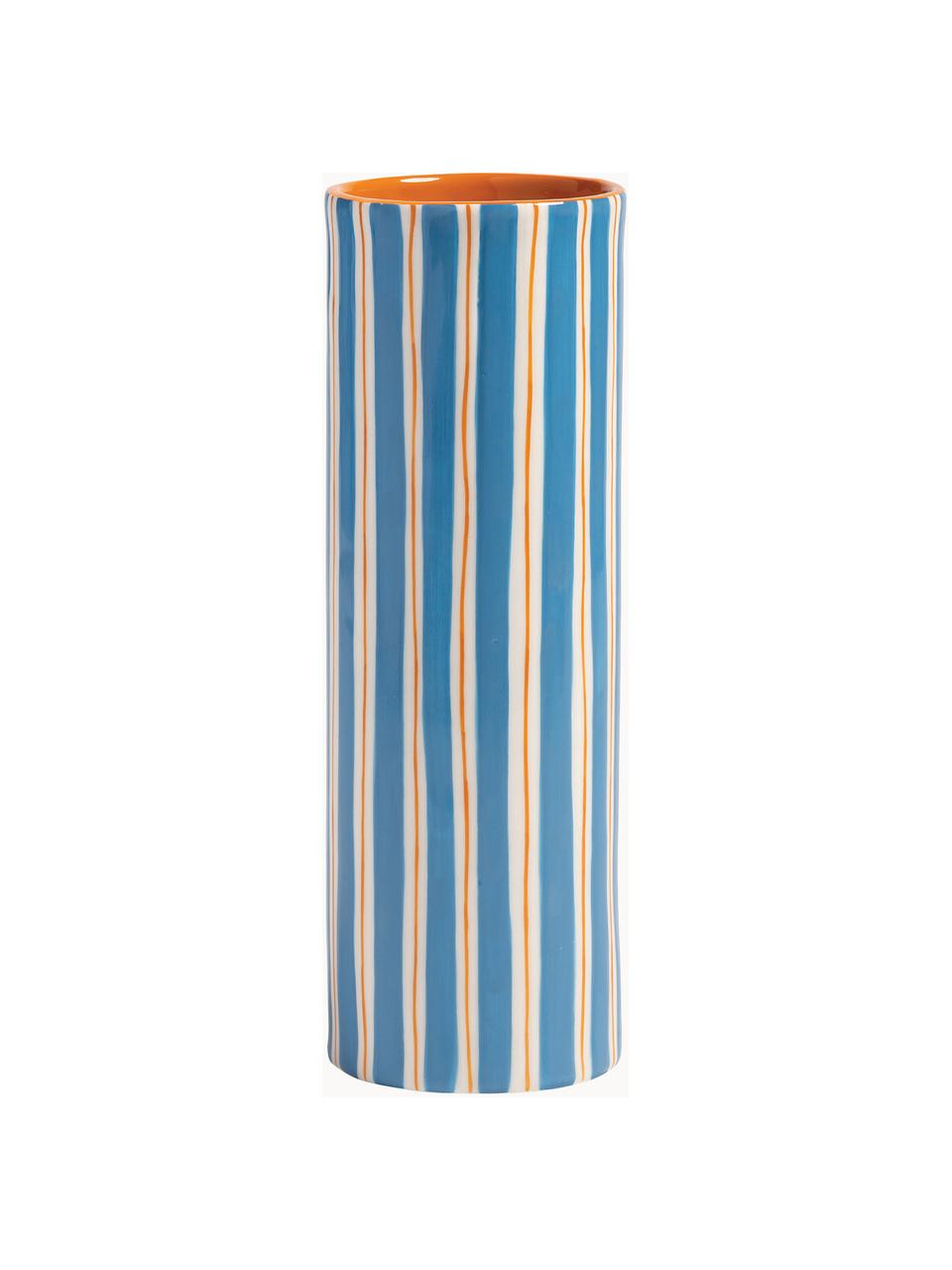 Vase en porcelaine peinte à la main Ray, haut. 24 cm, Porcelaine, Bleu, blanc cassé, orange, Ø 8 x haut. 24 cm