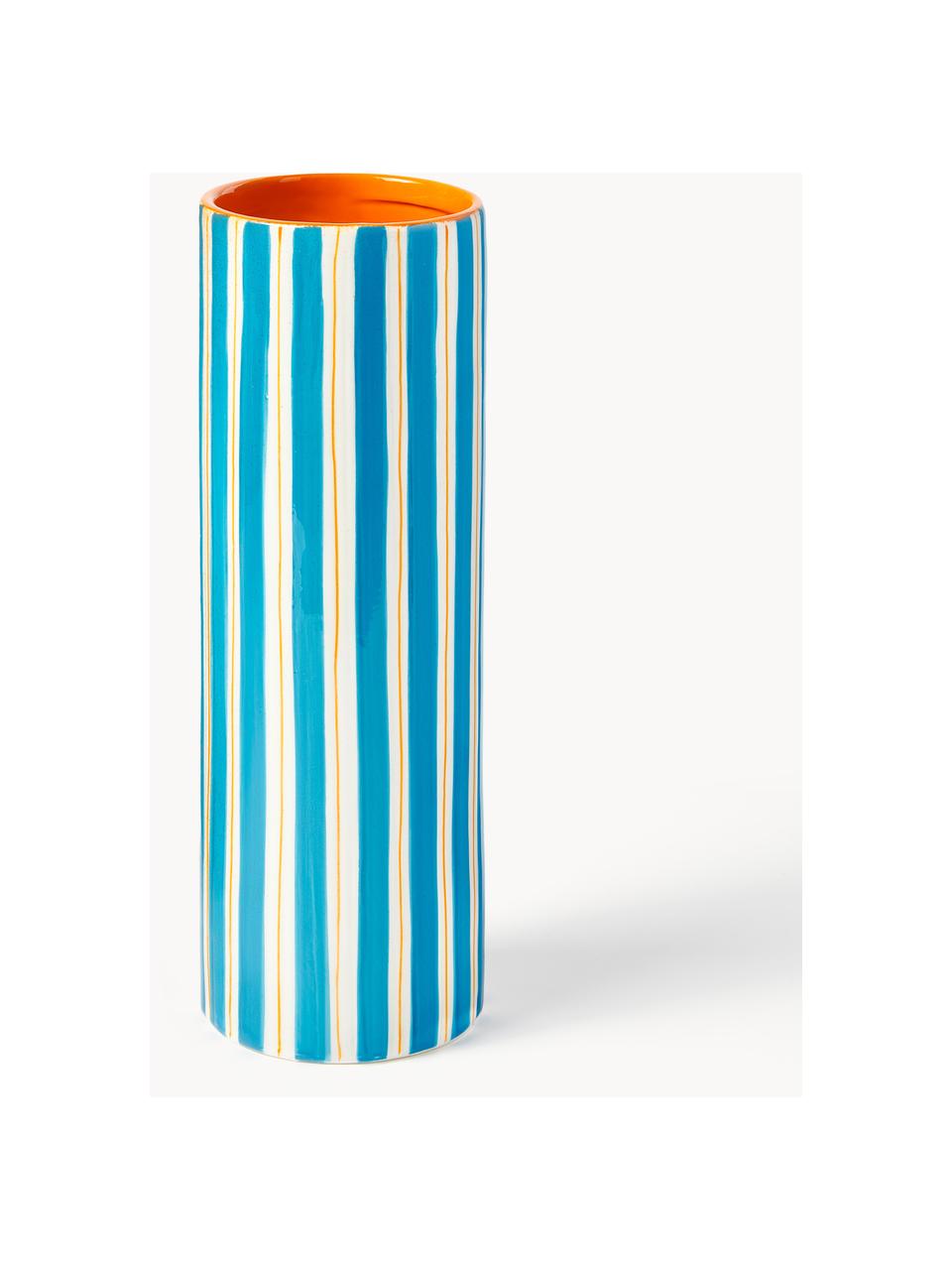 Handbemalte Vase Ray aus Porzellan, H 24 cm, Porzellan, Blau, Off White, Orange, Ø 8 x H 24 cm