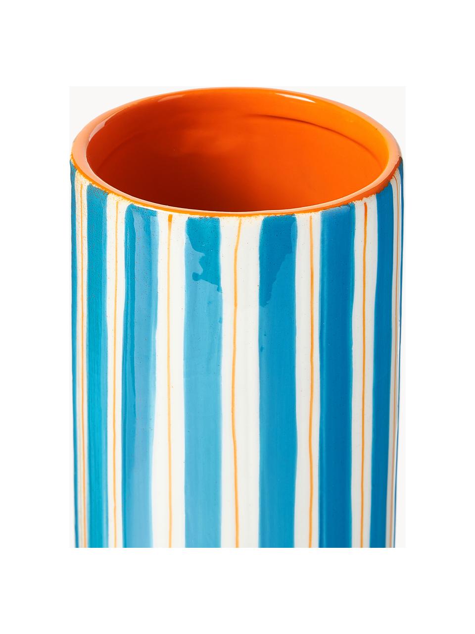 Handbemalte Vase Ray aus Porzellan, H 24 cm, Porzellan, Blau, Off White, Orange, Ø 8 x H 24 cm