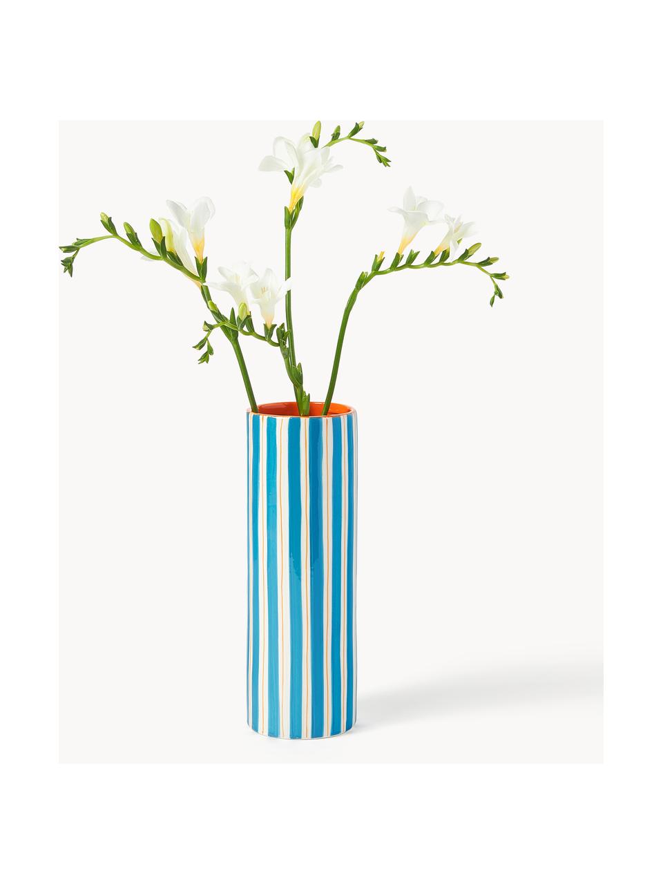 Handbemalte Vase Ray aus Porzellan, H 24 cm, Porzellan, Blau, Off White, Orange, Ø 8 x H 24 cm