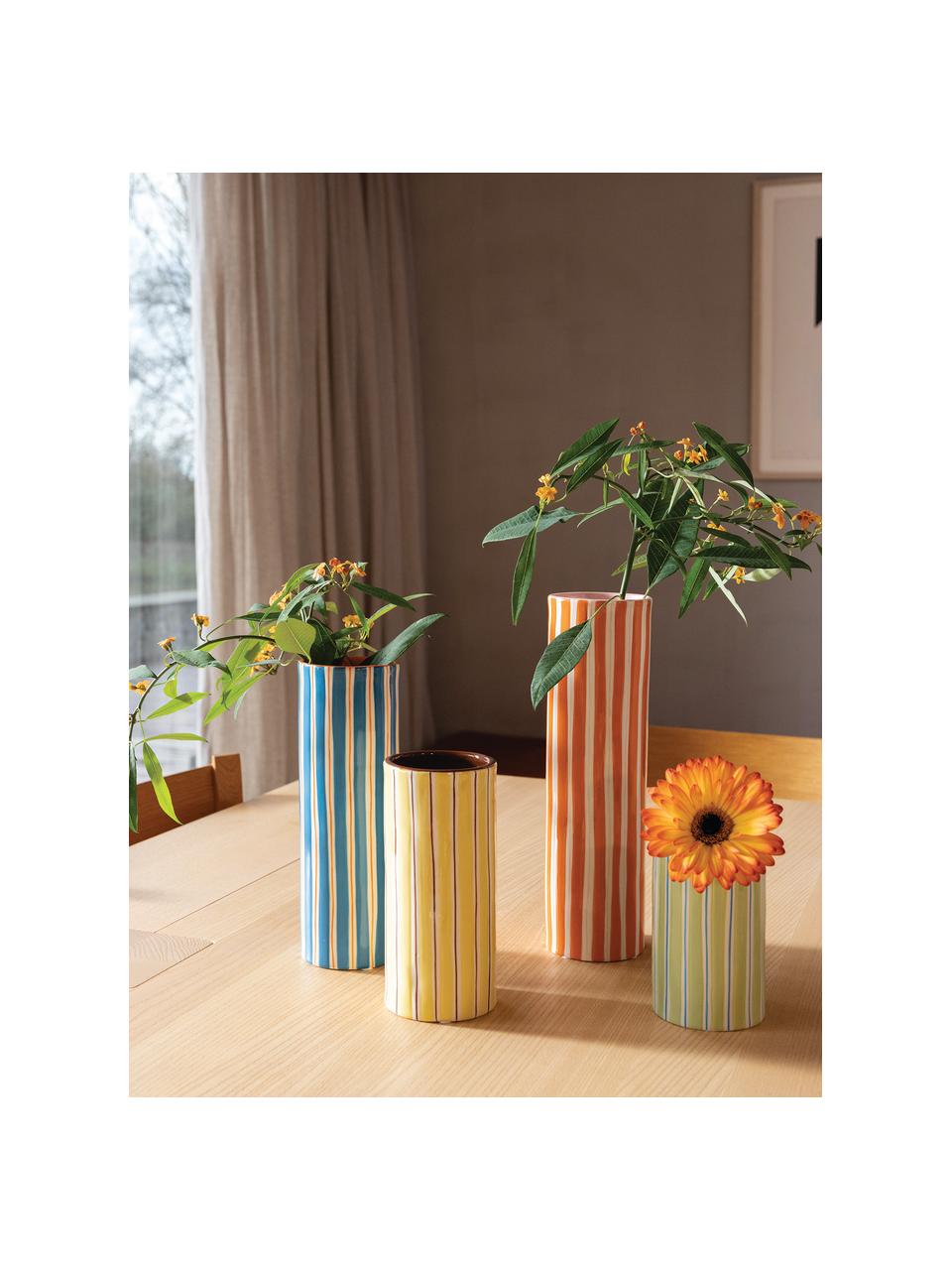 Handbemalte Vase Ray aus Porzellan, H 24 cm, Porzellan, Blau, Off White, Orange, Ø 8 x H 24 cm