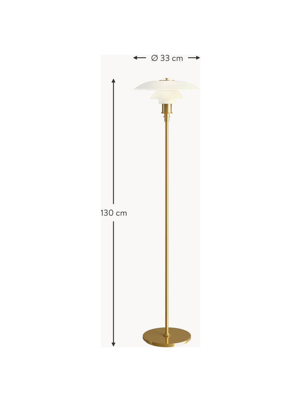 Kleine Stehlampe PH 3½-2½, mundgeblasen, Lampenschirm: Opalglas, mundgeblasen, Lampenfuß: Messing, metallisiert, Goldfarben, Weiß, H 130 cm