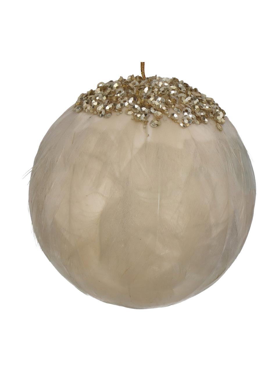Ozdoba na stromček Feather Ball, 2 ks, Perie, Béžová, zlatá, Ø 8 cm