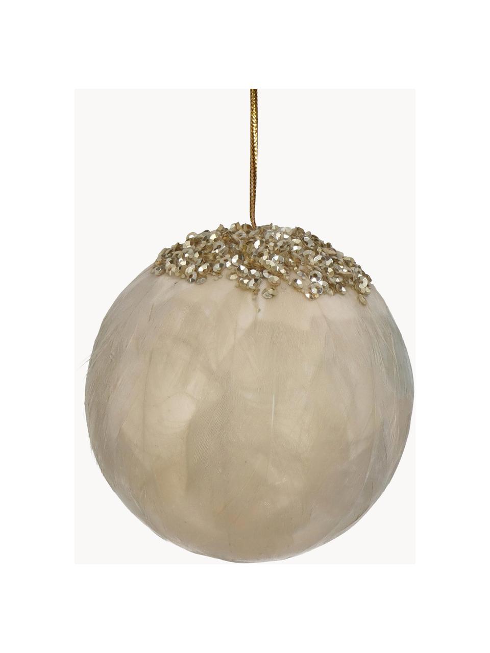 Kerstboomhanger Feather Ball, 2 stuks, Veren, Beige, goudkleurig, Ø 8 cm