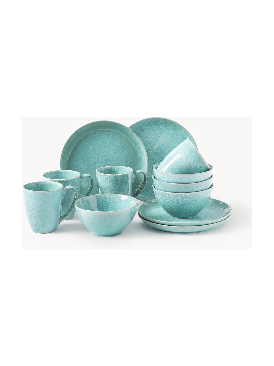 Set 12 stoviglie per colazione fatto a mano con smalto reattivo Anthia, 4 persone, Gres, Turchese, 4 persone (12 pz)