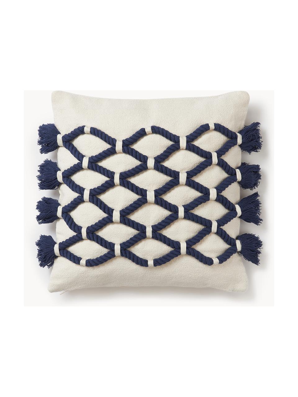 Housse de coussin 40x40 motif nœuds Galliot, 100 % coton, Blanc crème, bleu foncé, larg. 40 x long. 40 cm