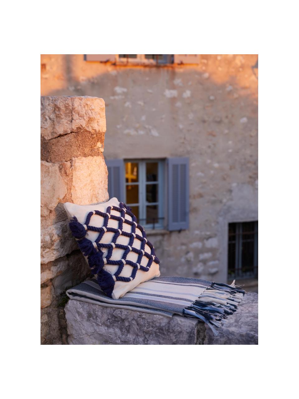 Housse de coussin 40x40 motif nœuds Galliot, 100 % coton, Blanc crème, bleu foncé, larg. 40 x long. 40 cm