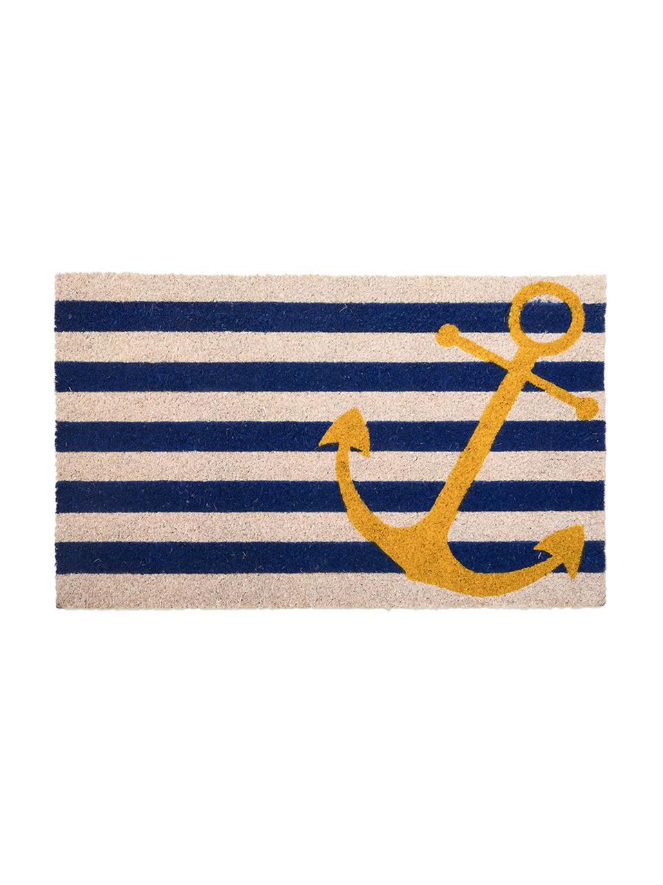 Deurmat Yellow Anchor, Kokosvezels, Lichtbeige, blauw, geel, 45 x 75 cm