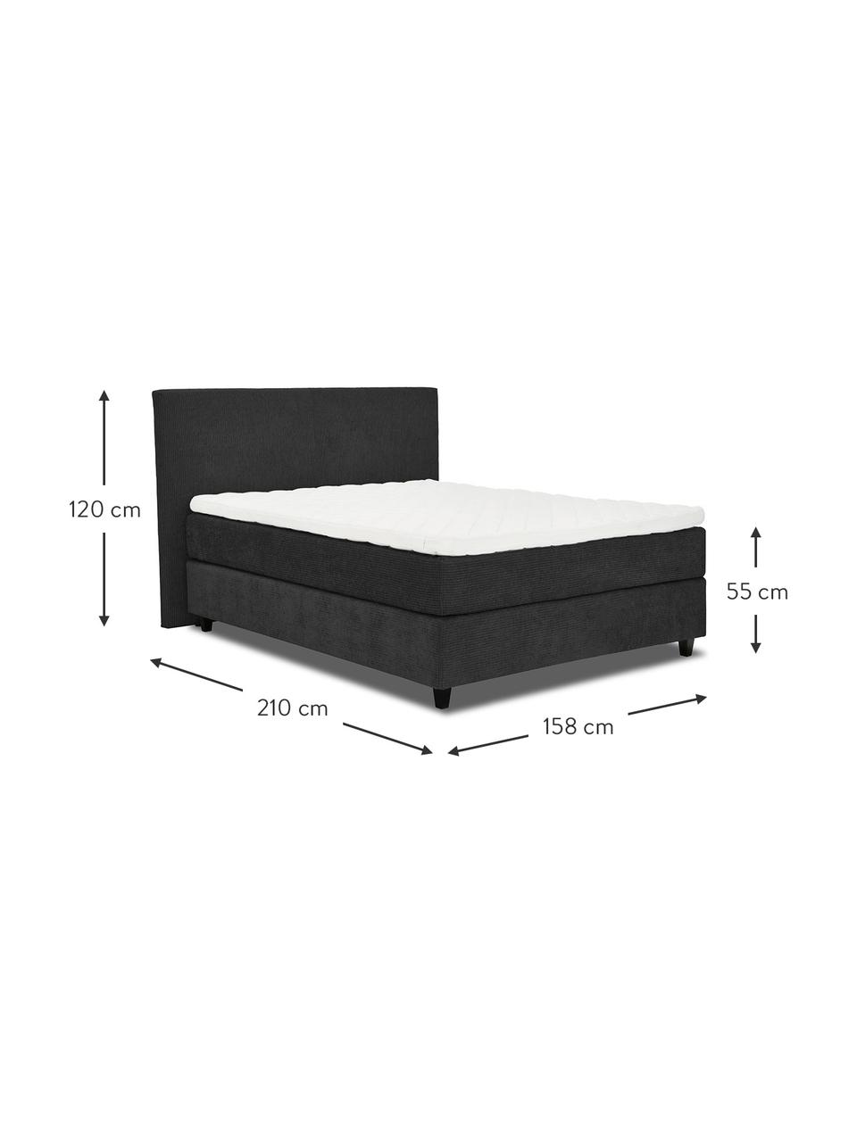 Letto boxspring in velluto a coste grigio scuro Eliza, Materasso: nucleo a 5 zone di molle , Struttura: legno di pino massiccio, Piedini: legno di betulla massicci, Velluto a coste grigio scuro, 200 x 200 cm, durezza 3