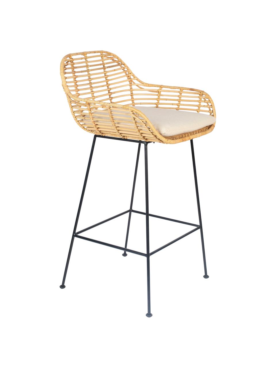 Krzesło barowe z rattanu z poduszką siedziska Tiger, Stelaż: metal malowany proszkowo , Jasny brązowy, czarny, biały, S 52 x W 75 cm