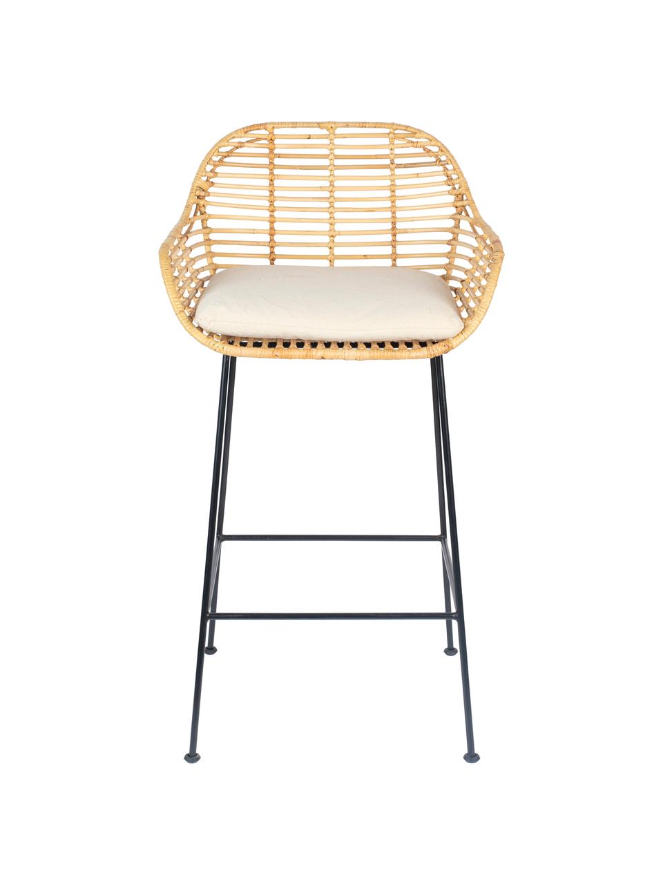 Sedia da bar in rattan con cuscino Tiger, Seduta: rattan, Rivestimento: cotone, Struttura: metallo verniciato a polv, Marrone chiaro, nero, bianco, Larg. 52 x Alt. 75 cm