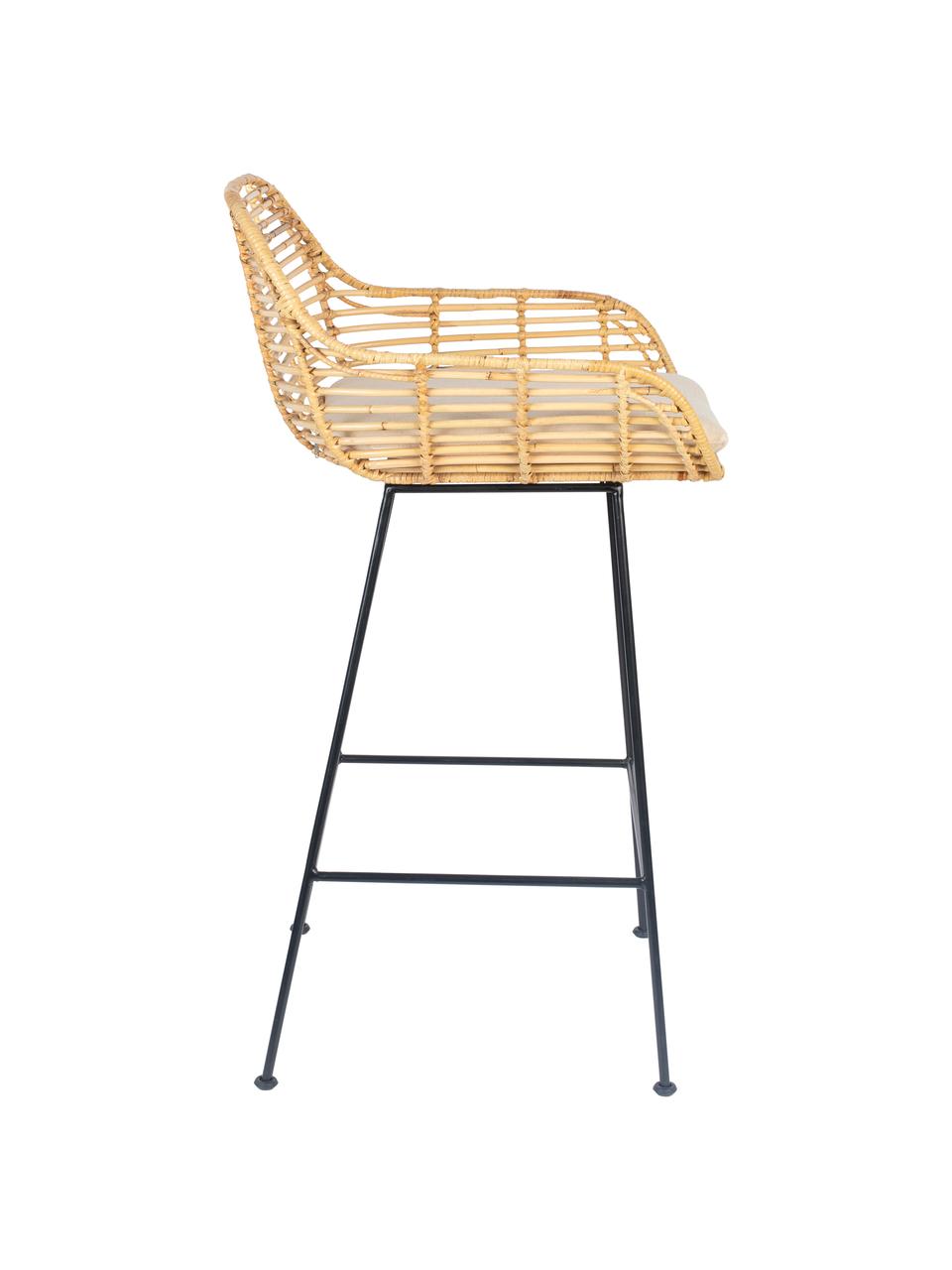 Sedia da bar in rattan con cuscino Tiger, Seduta: rattan, Rivestimento: cotone, Struttura: metallo verniciato a polv, Marrone chiaro, nero, bianco, Larg. 52 x Alt. 75 cm