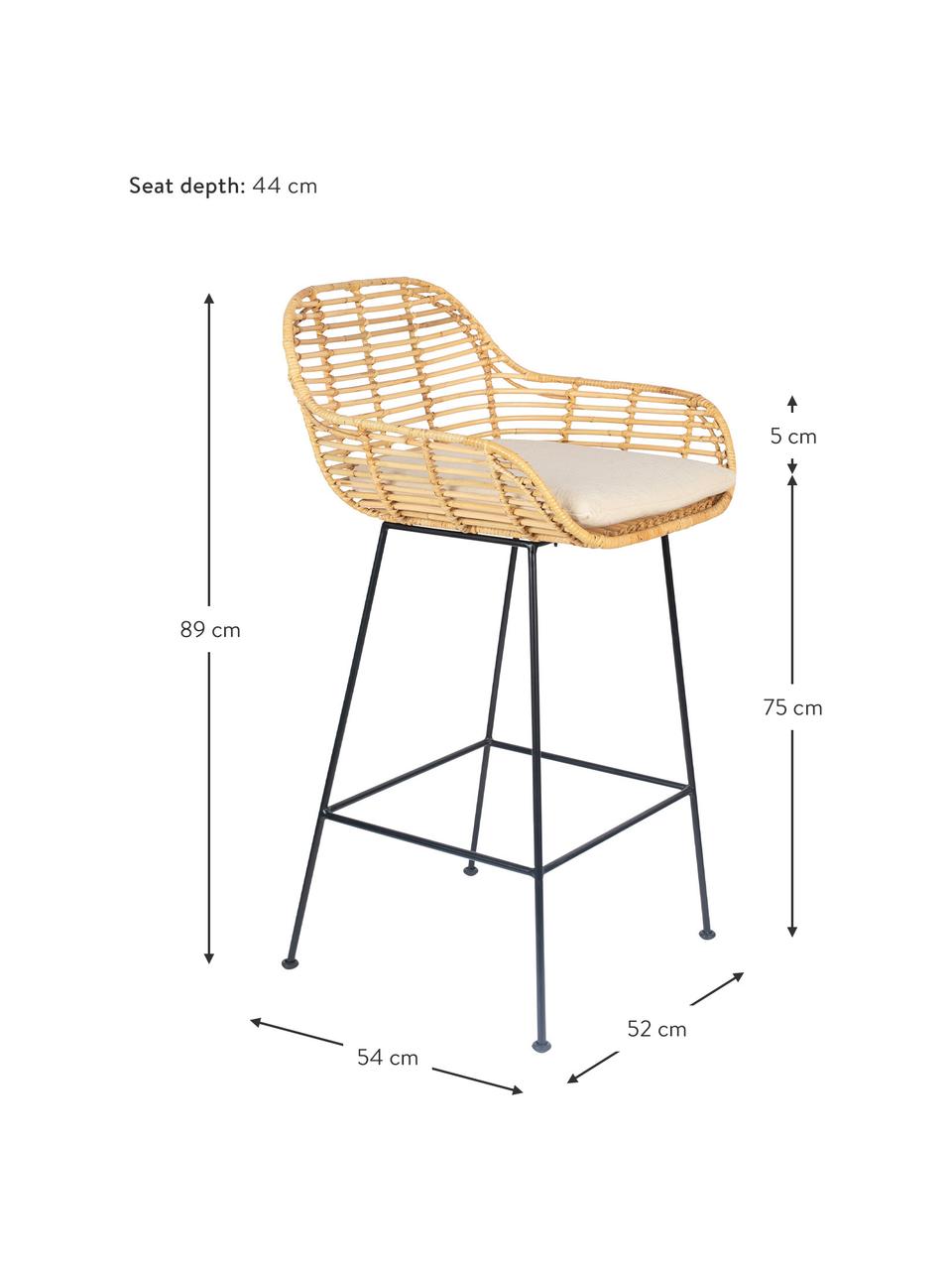 Rattan-Barstuhl Tiger mit Kissen, Sitzfläche: Rattan, Gestell: Metall, pulverbeschichtet, Hellbraun, Schwarz, Weiss, B 52 x H 75 cm