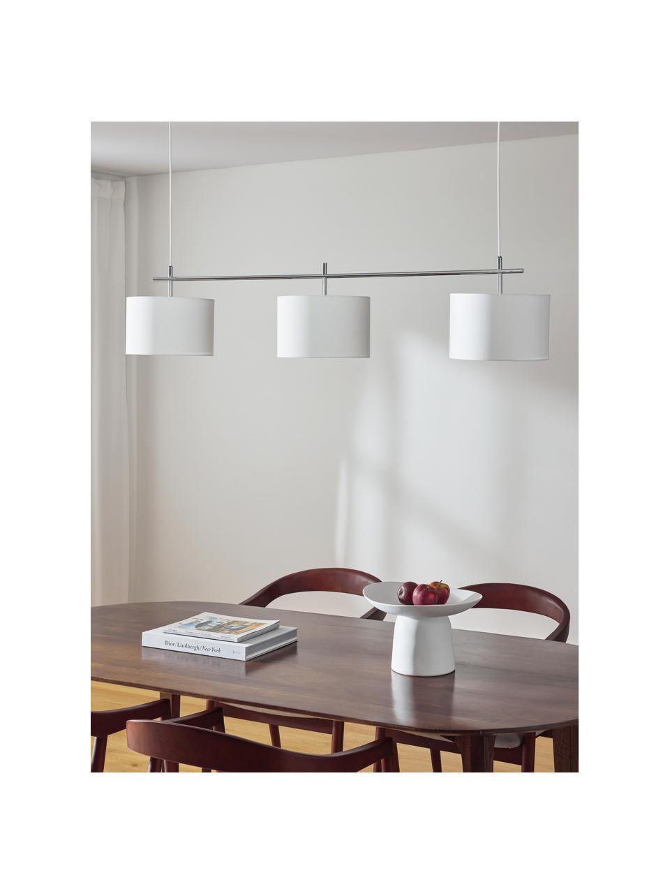 Lampada a sospensione grande Liara, Paralume: tessuto in lino (55% lino, Struttura: metallo, spazzolato, Baldacchino: metallo, spazzolato, Bianco, cromato, Larg. 140 x Alt. 90 cm