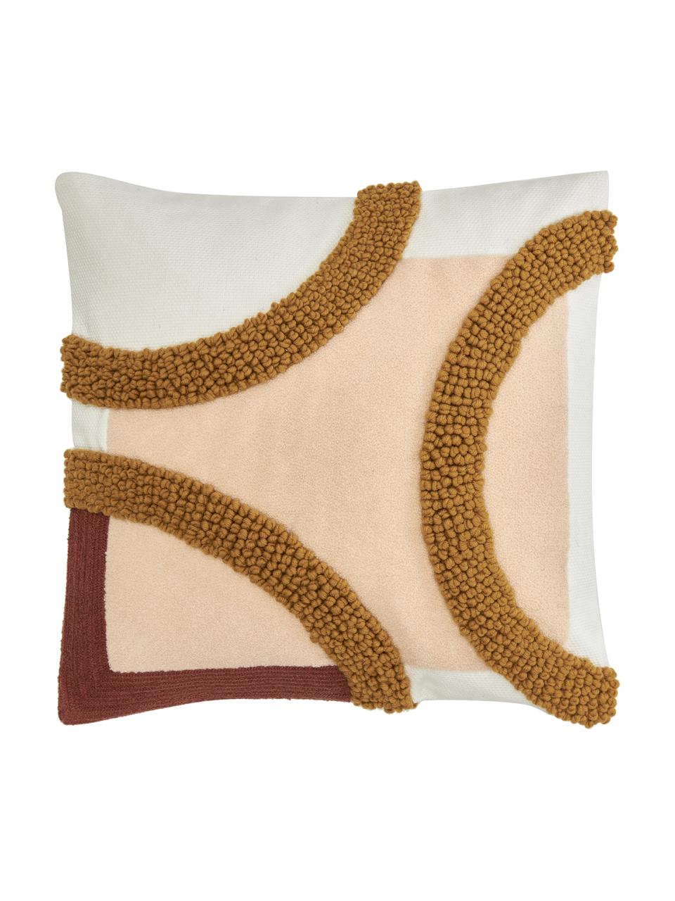 Copricuscino in cotone ricamato con struttura rialzata Reza, Rivestimento: 100% cotone, Ornamento: 100% acrilico, Rosa, giallo ocra, bianco crema, Larg. 45 x Lung. 45 cm
