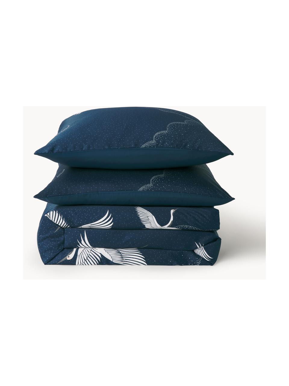 Baumwollsatin-Bettdeckenbezug Yuma mit Kranichmotiv in Blau, Webart: Satin Fadendichte 210 TC,, Blau, Weiß, Grau, B 200 x L 200 cm