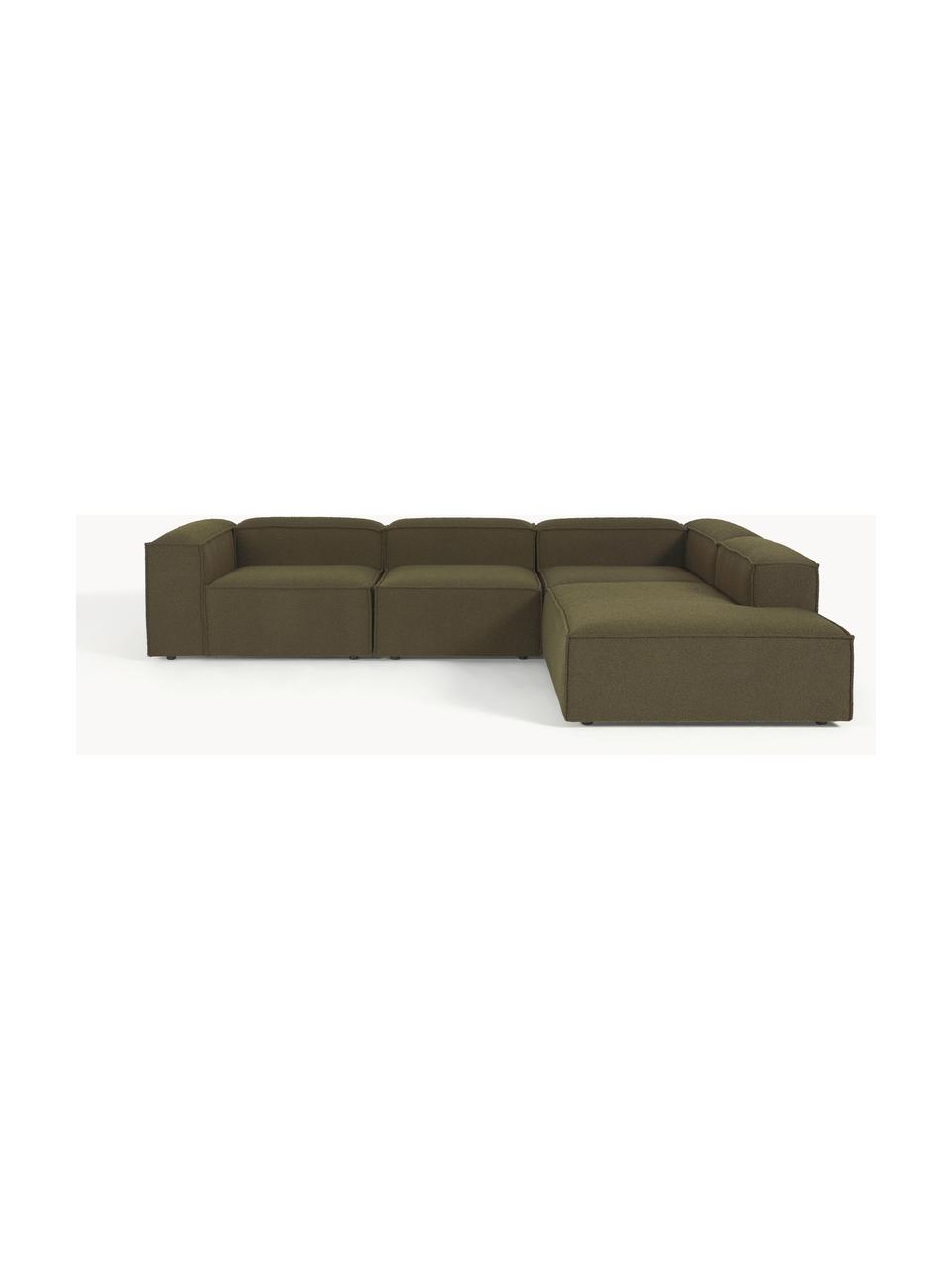 Narożna sofa modułowa Bouclé XL Lennon, Tapicerka: Bouclé (100% poliester) D, Stelaż: lite drewno sosnowe, skle, Nogi: tworzywo sztuczne Ten pro, Oliwkowozielony Bouclé, S 329 x G 269 cm, prawostronna