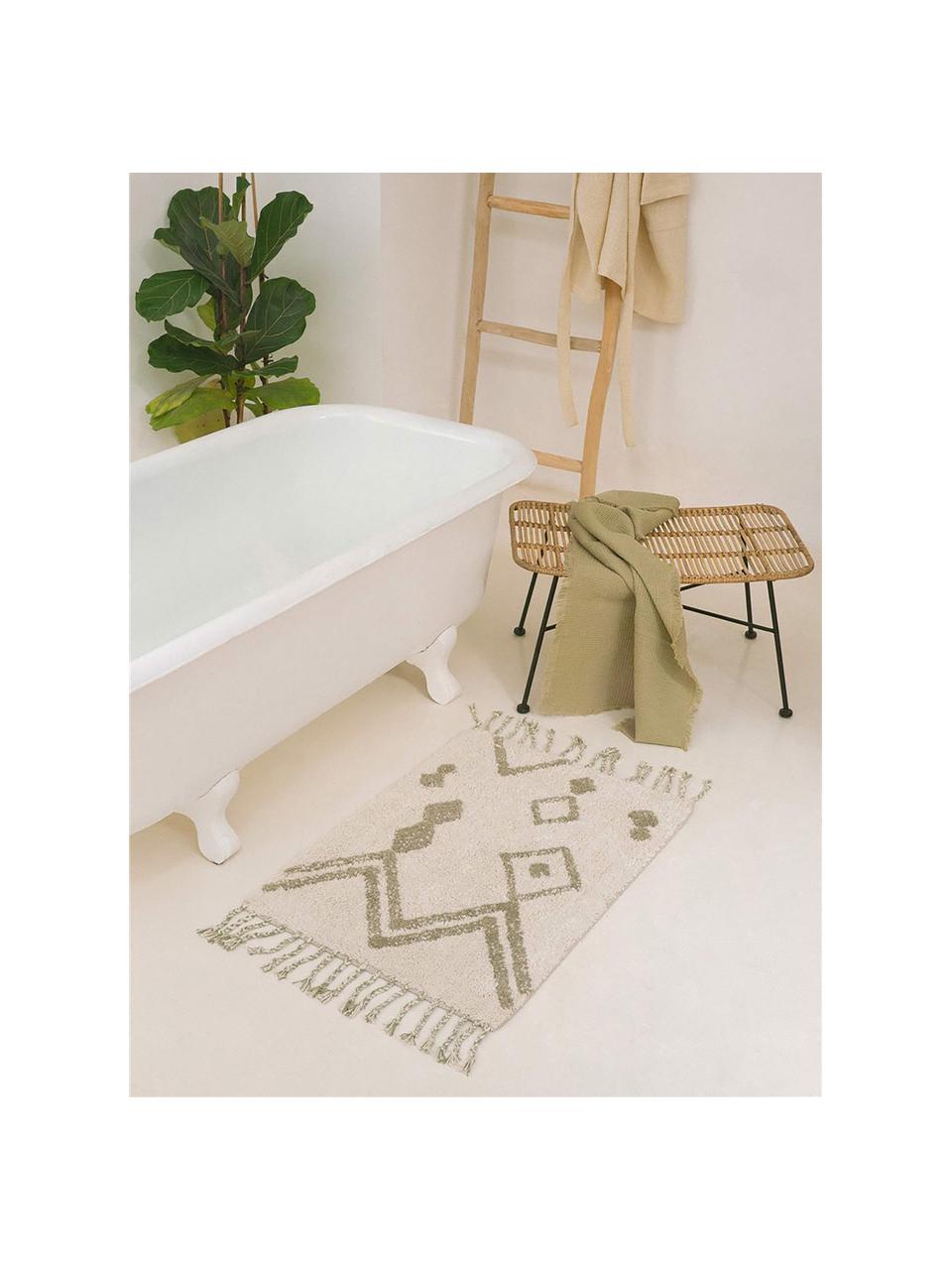 Alfombrilla de baño con borlas Fauve, estilo boho, 100% algodón, Crema, beige, An 50 x L 70 cm