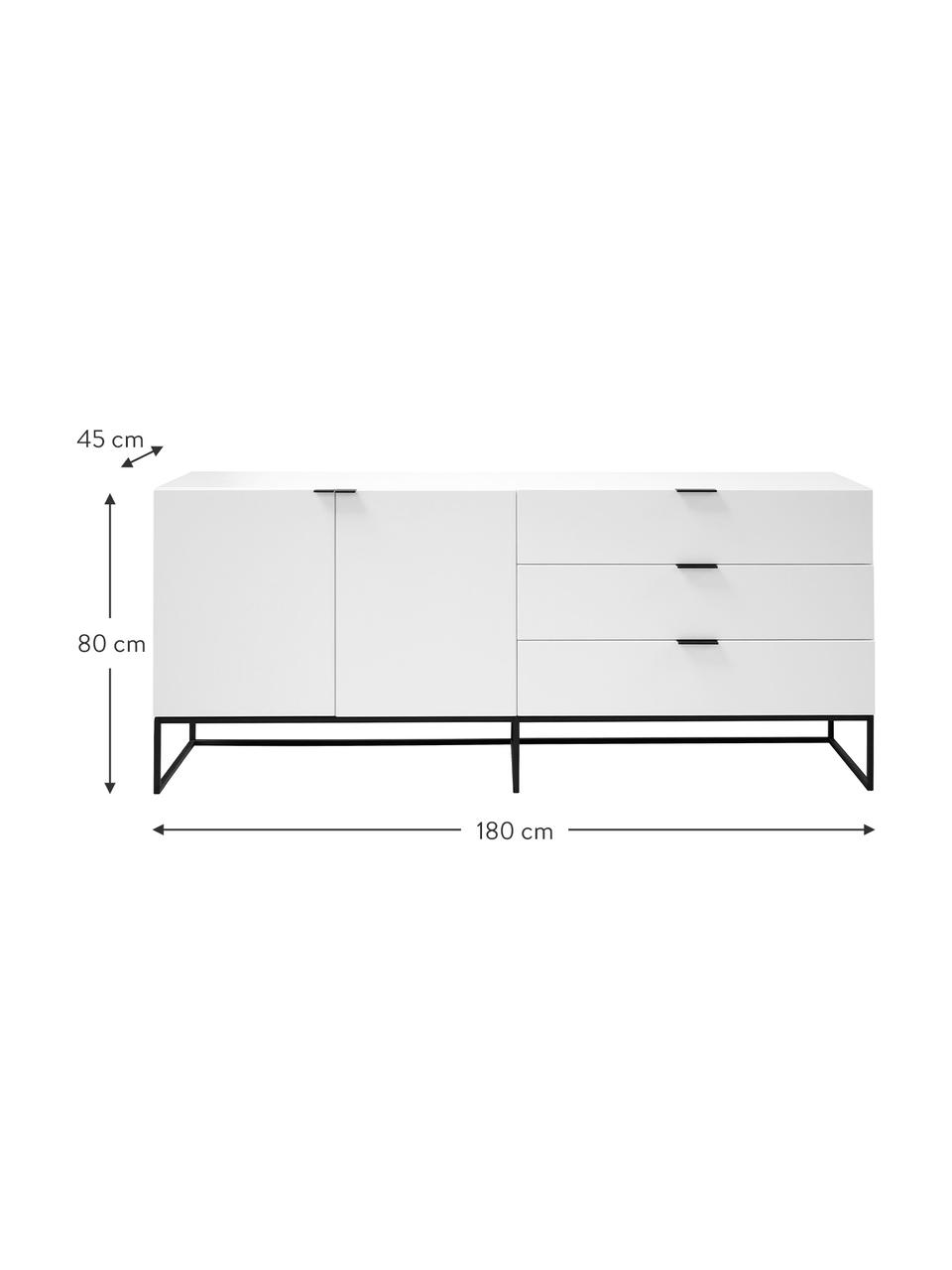 Weisses Sideboard Kobe mit Schubladen, Korpus und Fronten: Weiss, semi-mattFüsse und Griffe: Schwarz, 180 x 80 cm