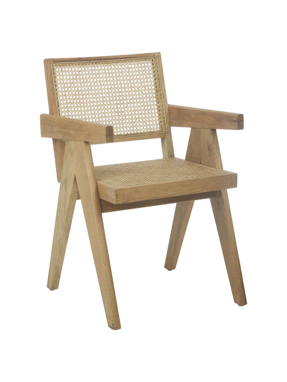 Chaise à accoudoirs en cannage Sissi, Structure : bois de chêne Assise : beige