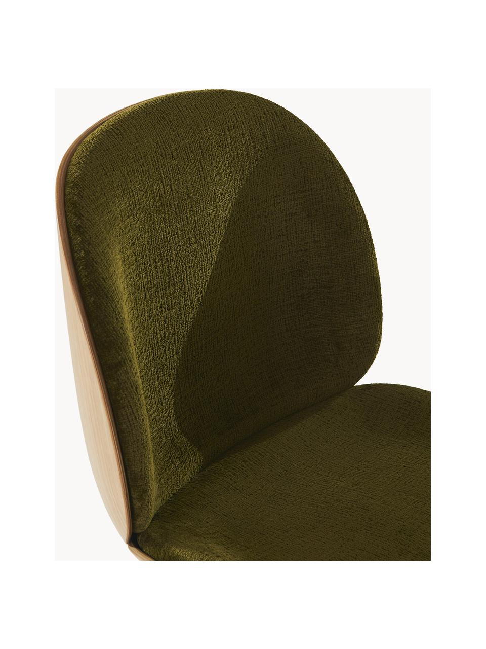 Fluwelen stoel Beetle met zitvlak, Bekleding: fluweel (100% polyester), Zitvlak: gelakt eikenhout, Poten: gecoat staal, Fluweel olijfgroen, eikenhout, glanzend zwart, B 56 x D 58 cm
