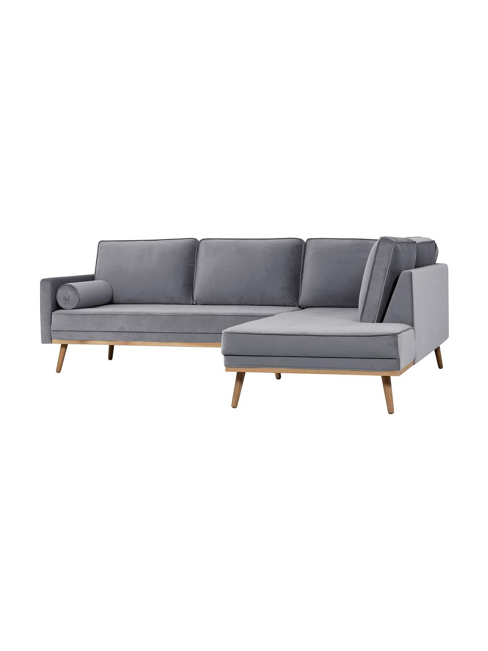 Samt-Ecksofa Saint (3-Sitzer) in Grau mit Eichenholz-Füßen, Bezug: Samt (Polyester) Der hoch, Gestell: Massives Eichenholz, Span, Samt Grau, B 243 x T 220 cm