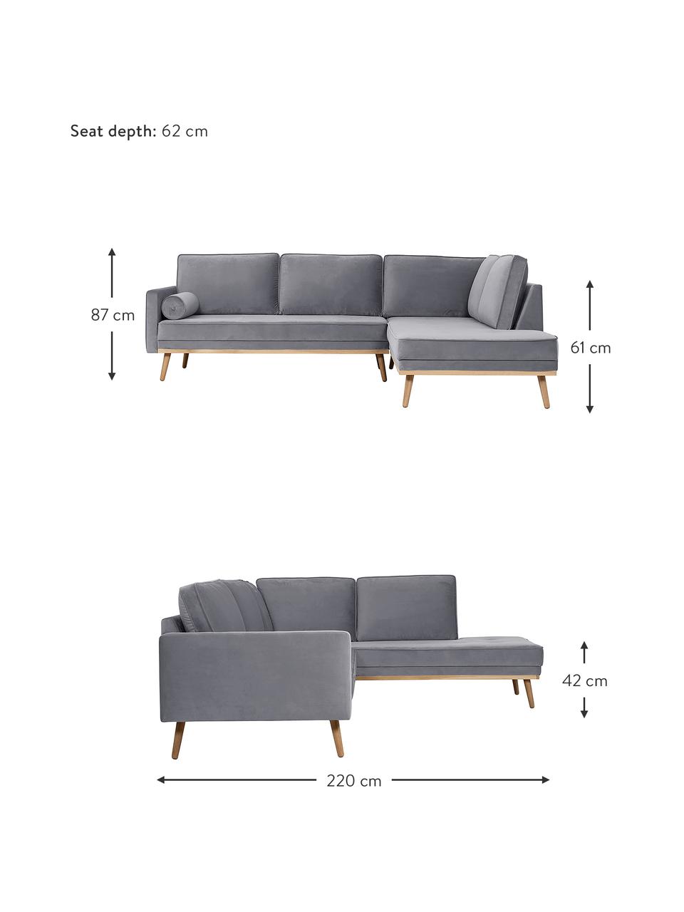 Fluwelen hoekbank Saint (3-zits) in grijs met eikenhouten poten, Bekleding: fluweel (polyester) De sl, Frame: massief eikenhout, spaanp, Fluweel grijs, B 243 x D 220 cm