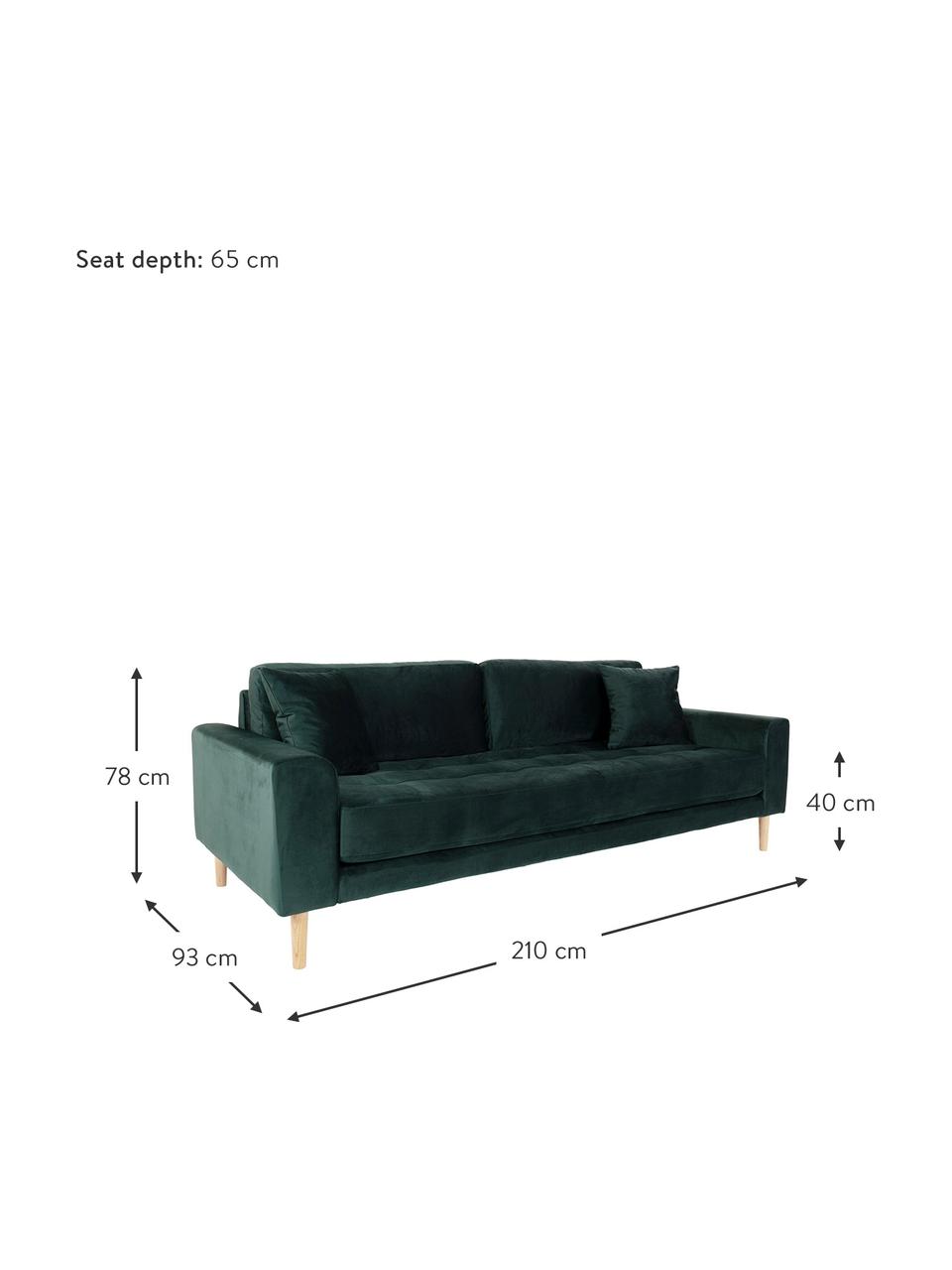 Divano a 3 posti in velluto verde scuro Lido, Rivestimento: velluto di poliestere 30., Sottostruttura: legno di quercia, Piedini: legno di abete, Verde scuro, Larg. 210 x Alt. 93 cm